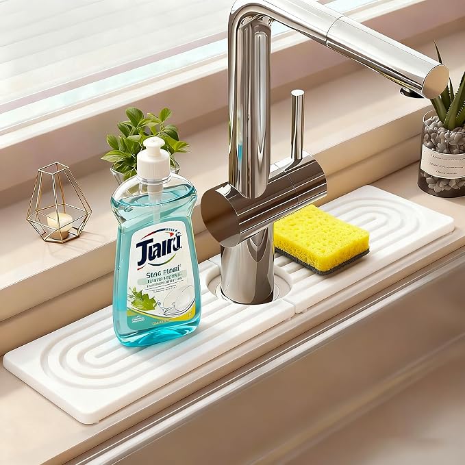 Kitchen Sink Faucet Mat, Water Absorbent Diatomite Stone Sink Tray, Diatomite Fast-Drying Faucet Mat, Prevents Moisture Buildup, Durable Protector for Bathroom Counter, White, 15.8" x 4" by NSVNSV