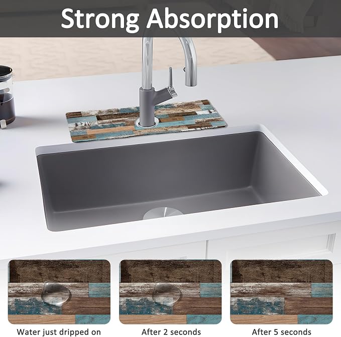 2PCS 15" X 5.5" Kitchen Sink Splash Guard Faucet Mat Wood Grain Super Absorbent Fast Drying Faucet Guard & Draining Mat Sink Splash Guard Behind Faucet for Kitchen, Bathroom - Image 3