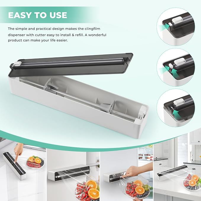 Magnetic Plastic Wrap Dispenser with Cutter - Practical Refillable Aluminum Tin Foil and Plastic Wrap Organizer for Drawer, Including an Extra Roll of 12"X 164' Food Cling Film - Black - Image 6