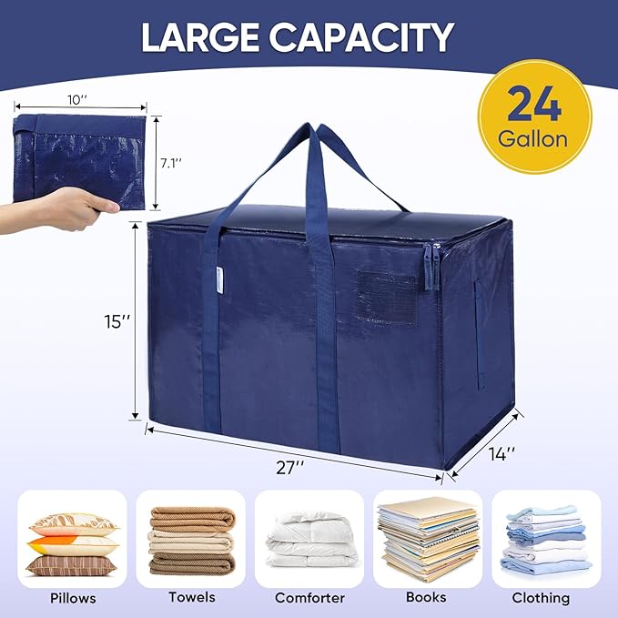 TICONN 4 Pack Extra Large Moving Bags Heavy Duty with Zippers & Carrying Handles, Durable Storage Bags Moving Boxes for Closet Organizers and Storage (4 Pack, Navy) - Image 5