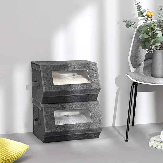 SONGMICS Stackable Storage Bins, Set of 2, with Lids and Front Windows | Closet Organizers, Non-Woven Fabric, Magnetic Closures, Side Handles, Slate Gray and Summer Sand, TINA Collection URPLB02G - Image 3