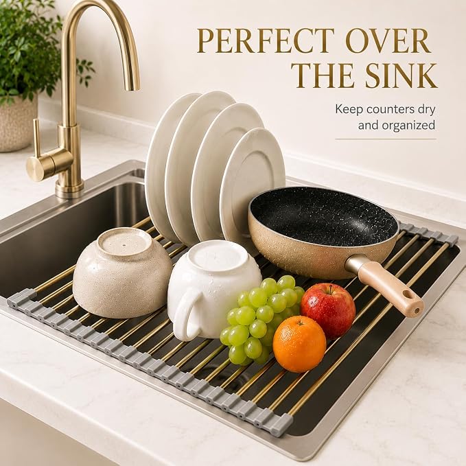 Snailhouse Roll Up Dish Drying Rack, Stainless Steel Dish Drainer Over The Sink with Anti-Slip Silicone for Kitchen Counter, Gold (17.8 x 11.8 in) - Image 2