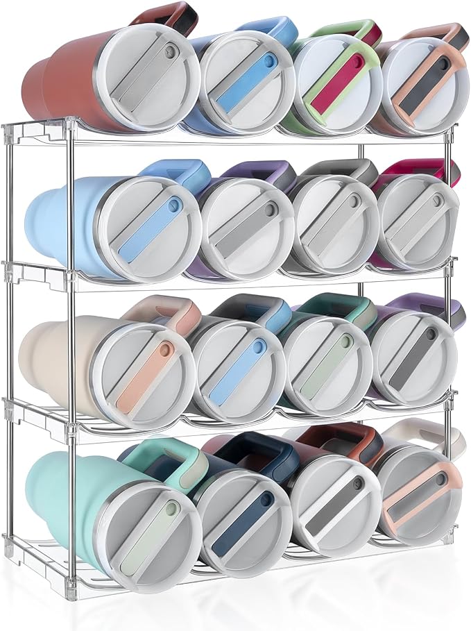 Stackable Water Bottle Organizer Large Compartment Water Bottle Holder | Tumbler Organizer for Stanley 40 oz Cup, Kitchen Cabinet Storage Organizer for Stanley Cup Accessories, 4 Tier Hold 16 Bottle by SPOSPO