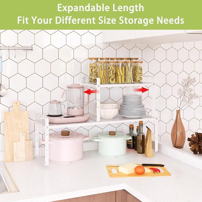 Across-Star Expandable Cabinet Shelf Organizer Rack, Stackable Kitchen Counter Storage Shelves Stand, Adjustable Height Pantry Shelf Spice Rack (White, 1 Pack) - Image 3