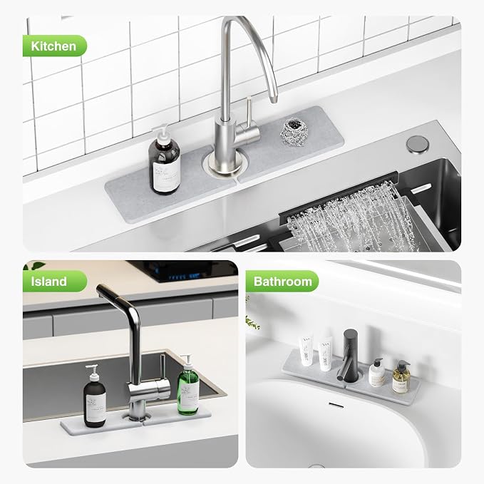 Premium Stone Faucet Mat for Kitchen Sink, 15.8" x 4" Light Gray | Quick Drying & Water Absorbent, Sink Splash Guard Tray for Prevents Moisture Buildup - Image 8