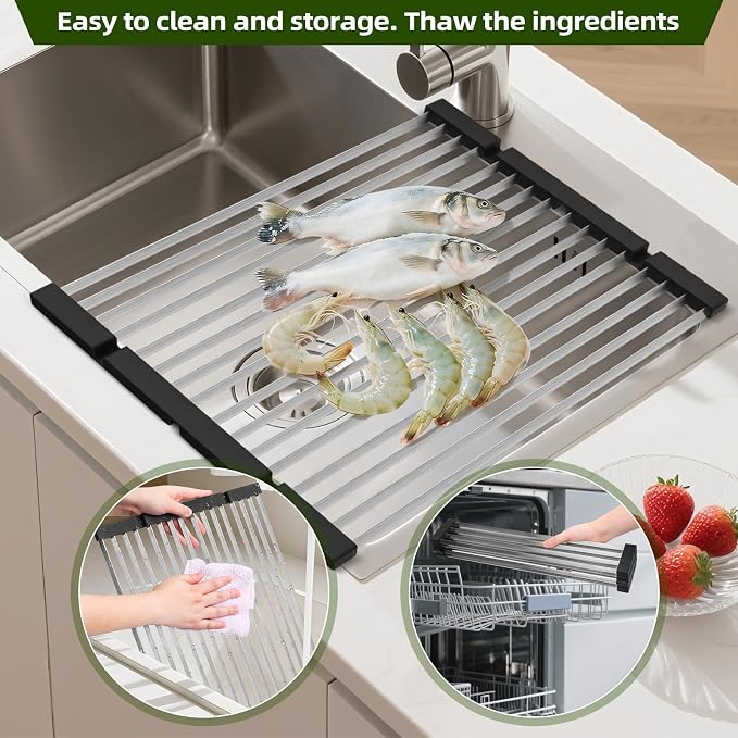 GAViA Roll Up Dish Drying Rack, Foldable Over The Sink Dish Drying Rack | 17.3" x 13", Non-Slip,Heat-Resistant, Anti-Rust,Stainless Steel Sink Drying Mat,Dish Drainer,Sink Cover, All-in-one, Black - Image 5