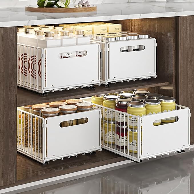 YunNasi Pull Out Cabinet Organizer, White, 2Piece 9.8" W X15 D X7.5 H | Slide Out Drawer Storage Shelves, Cupboard Organiser, Sliding Cabinet Basket for Kitchen, No Drilling and Nailing - Image 2