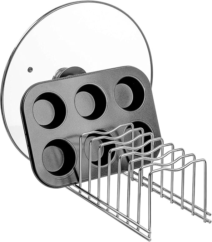 SANNO Pot Lid Organizer Pot Lid holder, Pots and Pans Organizer Drawer Plate Organizer for Bakeware Dish Plate, Cutting Boards, Pots & Pans, Serving Trays, Reusable Containers in Cabinet Pantry - Image 2