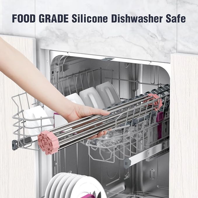 Tomorotec Roll Up Dish Drying Rack Over Sink, 304 Steel, 21x15.5, Pink | Anti-Slip Silicone Rims For Grip, Heat-Resistant Trivet Mat Holding Heavy Cookware, Rustproof Kitchen Counter Space Saver - Image 7