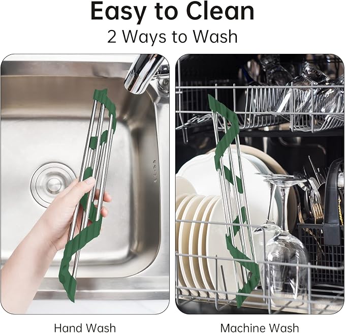 Tomorotec Triangle Roll-Up Dish Drying Rack for Sink Corner Small Foldable Stainless Steel Over The Sink Multipurpose Kitchen Drainer Caddy Organizer Storage Shelf Holder (Olive Green) | BPA-Free Food-Grade Silicone Edges Foldable Waterproof Rustproof ... - Image 5