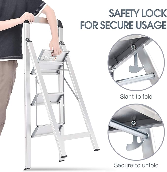 KINGRACK Aluminium 3 Step Ladder, Lightweight Step Stool with Non-Slip Pedals, Handrail, 330 LBS Foldable Step Ladder for Kitchen, Garage, Home, Space Saving, Sturdy and Portable, Silver - Image 6