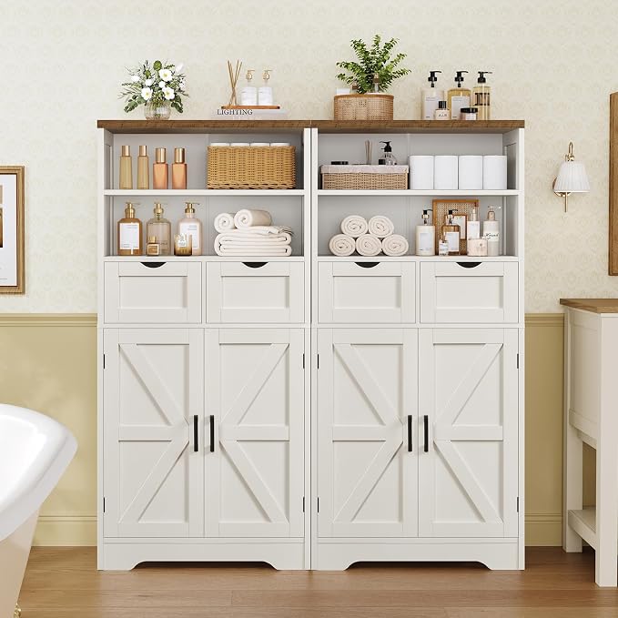 Storage Cabinet with Doors & 2 Drawers, Kitchen Cabinet with Adjustable Shelf, Pantry Cabinets, Bathroom Cabinets, for Living Room, Entryway, Home Office, White - Image 7