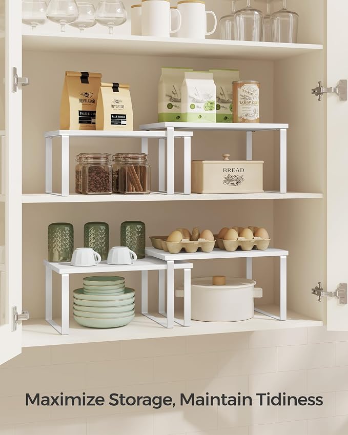 SONGMICS Cabinet Organizer Shelf, Set of 2 Kitchen Counter Shelves, Kitchen Storage, Spice Rack, Stackable, Expandable, Metal and Engineered Wood, Cloud White and Snow White UKCS02W01 (Pack of 2) - Image 3