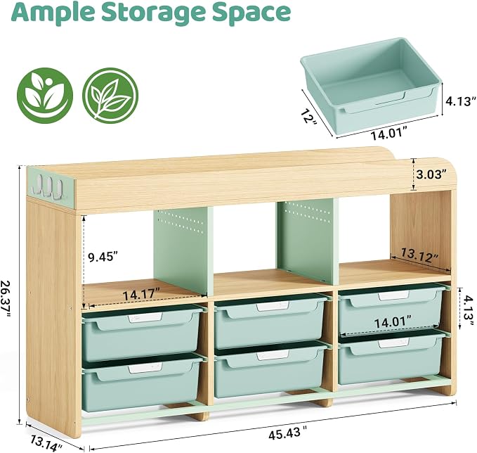 Toy Storage Organizer with 6 White Bins - Wooden Playroom Storage Cabinet for Toys, Books & Art Supplies, Green - Image 2