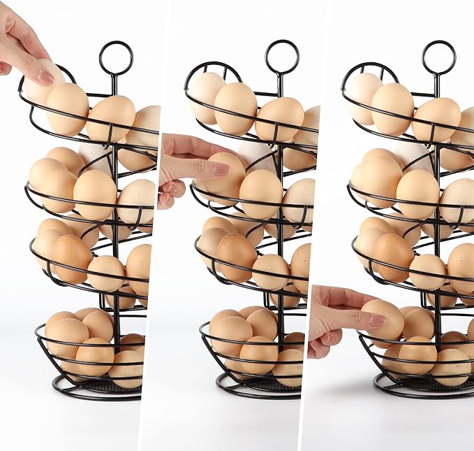 QUTREY Black Metal Egg Holder Countertop, Fresh Egg Skelter, Spiral Design Egg Dispenser Rack with Storage Basket for Display Easter Eggs - Image 7