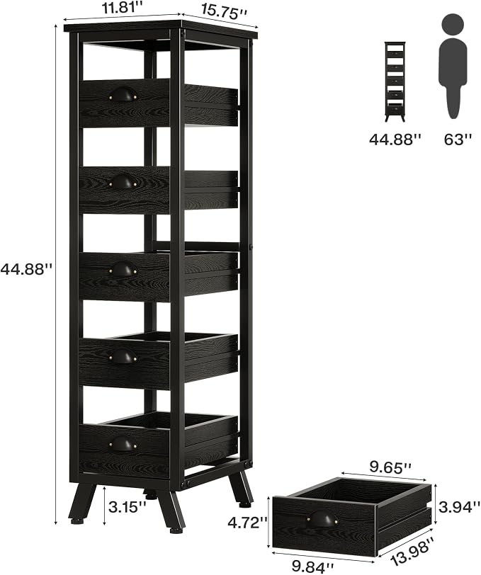 Tribesigns Black Wood Fruit and Vegetable Storage Rack, 5-Tier Narrow Snack Stand Kitchen Stand Fruit Basket, Pull-Out Utility Organizer for Kitchen, Living Room - Image 2