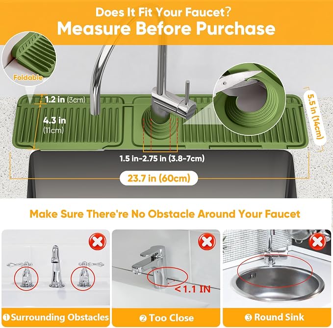 24'' Longer Faucet Mat for Kitchen Sink Splash Guard[7° Slope Fast Self-draining][Snap Lock Fit]Kitchen Sink Faucet Mat Splash Guard Kitchen Sink Area Water Splash Guard Behind Faucet Draining Mat - Image 2
