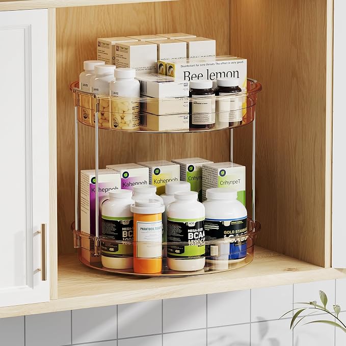 LAMU 2 Pack 2 Tier Lazy Susan Turntable Organizer 12'' Rotating Spice Rack Organization for Cabinet, Kitchen, Pantry, Countertop, Bathroom, Vanity, Medicine Cabinet Organizer, Amber - Image 5