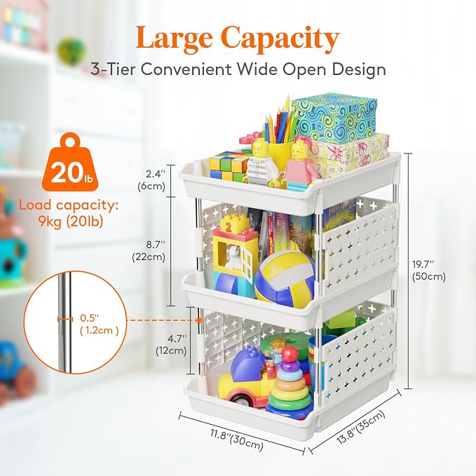 Lifewit 3 Tier Plastic Stackable Storage Baskets for Clothes 1 Pack, White | Stacking Bins for Food, Multifunctional Organizer for RV, Kitchen, Playroom, Pantry and Bathroom - Image 3