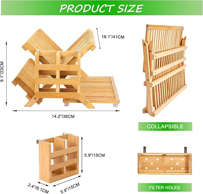 NOVAYEAH Bamboo Wooden Dish Rack, Wooden Dish Drying Drainer Rack | 3-Tier Collapsible Large Dish Drying Rack Folding Drying Holder for Kitchen Counter, Plate Holder Organization - Image 5