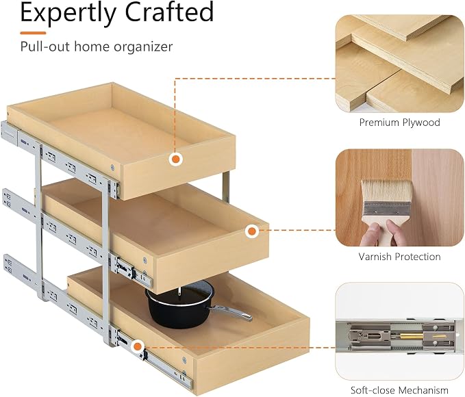 WelFurGeer 3-Tier Pull Out Cabinet Organizer with Soft Close, Heavy-Duty Slide Out Drawers for Cabinets, Pull Out Drawers for Cabinets, Bottom Mount Shelves for Kitchen, Pantry, Bathroom - Image 5