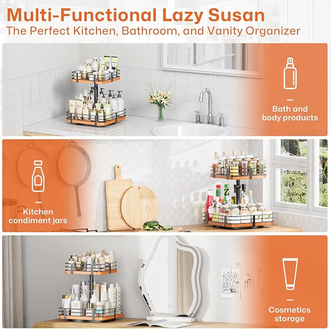 12 Inch Square Lazy Susan Organizer, 2 Tier Adjustable Wood Rack | Removable Divider Rack, 360° Rotating, Adjustable Height, For Pantry, Cabinet, Bathroom & Dining Table - Image 6