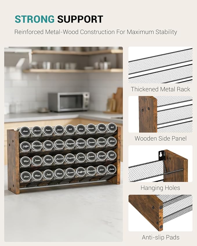 Spice Rack Organizer with 36 Glass Jars, for Cabinet Wall Mount Countertop | 4-Tier Seasoning Organizer with Labels, Chalk Marker & Funnel for Pantry, Kitchen Storage, Wood, 17.2 in W x 9.4 in H - Image 8