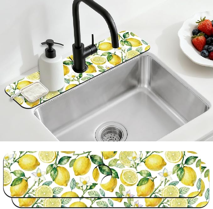 2 Pcs Kitchen Sink Splash Guard Faucet Mat Lemon Pattern Faucet Mat for Sinks Fruit Absorbing Drying Mat for Kitchen Bathroom, 23.6x5.5inch by CONCHLERY%E6%97%97%E8%88%B0%E5%BA%97