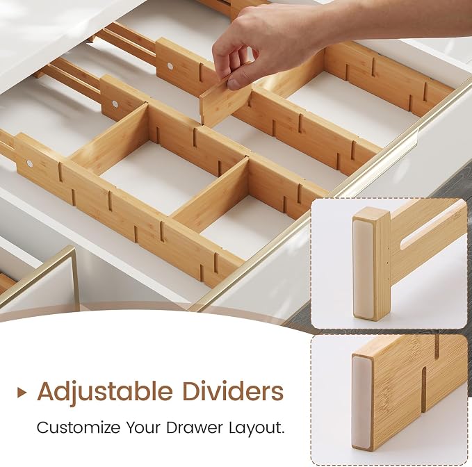 Bamboo Drawer Dividers 8 Pack with Inserts, Kitchen Adjustable Drawer Organizers for Home, Bedroom, Dresser, Expandable Organization 8 Dividers with 16 Inserts - Image 6