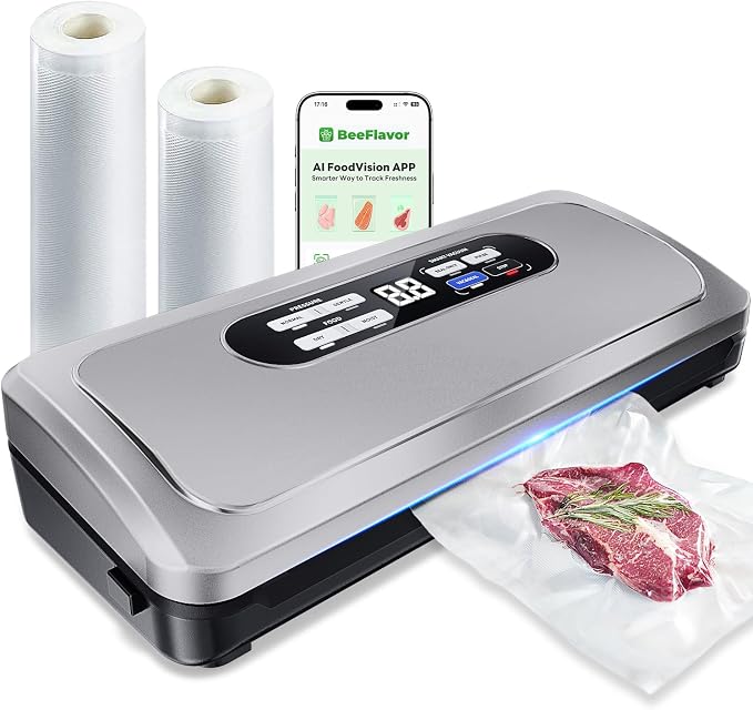 Vacuum Sealer Machine with AirLock ProSeal System, 10-in-1 Vacuum Sealer for Food, Moist/Dry Sealing Modes, Compact Design with Digital Timer, Built-in Cutter & Roll Storage, Grey by BeeliciousPro
