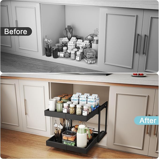 2-Tier Expandable Pull Out Cabinet Organizer, Cabinet Drawers, 21"D | Cabinet Pull Out shelves, Adjustable Pantry Drawers, Slide Out Drawers for Kitchen Cabinets, Under Sink Organizer,Large Black - Image 9