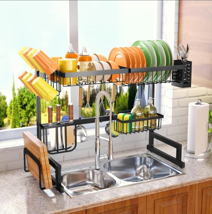 Over The Sink Dish Drainer Drying Rack,Stainless Steel Dish Dyring Rack Above Sink with Adjustable Height 25.6" to 33.5" W,Kitchen Counter Storage Shelf for Organizer Cookware,Cups,Cutting Board - Image 4