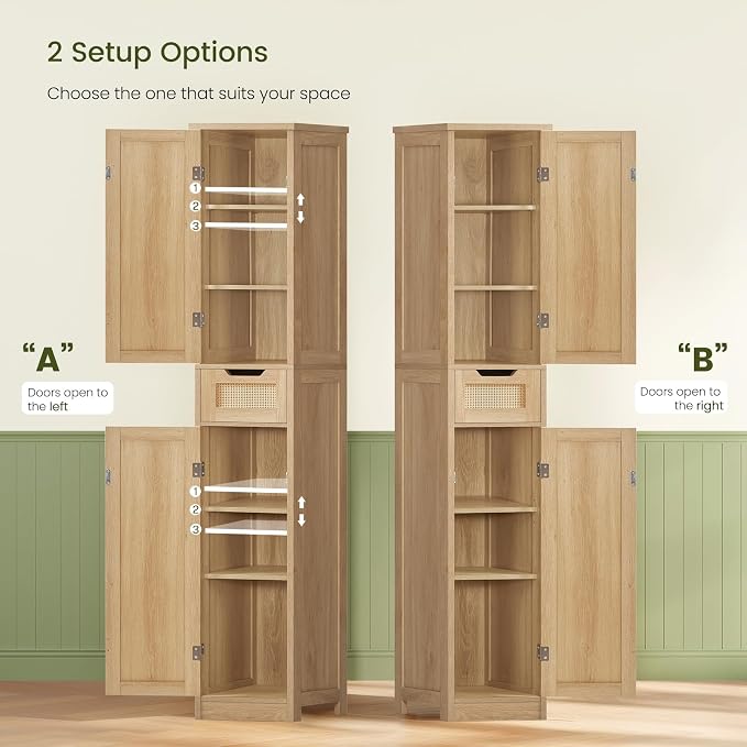 Iwell Tall Bathroom Cabinet, Slim Narrow Storage Cabinet with Adjustable Shelves, Rattan Cabinets with 1 Drawer, for Bathroom, Living Room, Entryway, Kitchen, Nature - Image 4
