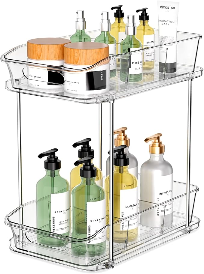 incostar 2 Tier Pull-Out Organizer for Bathroom Kitchen, Under Sink Storage with Dividers, Ideal for Cabinet, Cupboard Organization, Slide-Out Clear Storage, 1 Pack by INCOSTAR
