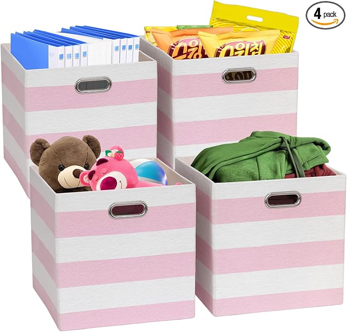 Posprica Storage Bins Storage Cubes,13×13 Collapsible Storage Boxes Containers Organizer Baskets for Nursery,Office,Closet,Shelf - 4pcs,Pink-white Striped by Posprica