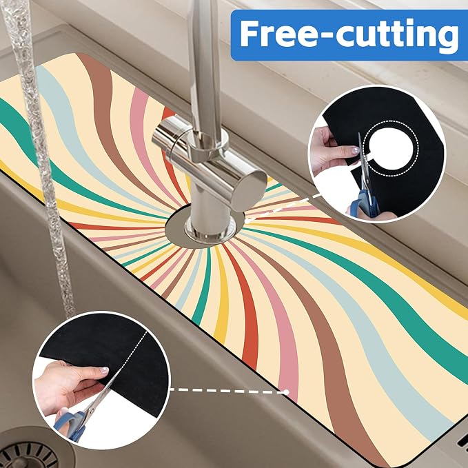Groovy Retro Swirl Kitchen Sink Splash Guard Mat Absorbent Fast Drying Mat Faucet Draining Mat Sink Splash Guard Behind Faucet Drip Catcher for Kitchen Bathroom 5.5"×24" - Image 7