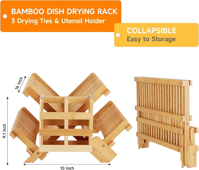 Bamboo Dish Drying Rack, 3-Tier Collapsible Wooden Dish Rack with Utensil Holder, Bamboo Dish Drainer Rack for Kitchen Counter 25pcs | Wooden Dish Drying Rack with Utensil Holder for Kitchen Counter, Large Folding Drying Holder, Dish Drainer - Image 4
