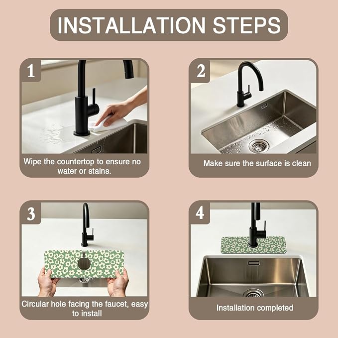 Faucet Mat for Kitchen Sink Vintage Groovy Flower Green Daisy Sink Splash Guard Behind Faucet Soft Diatom Mud Material Non-slip Easy to Clean for Bathroom & Kitchen 15"X5.5" - Image 4
