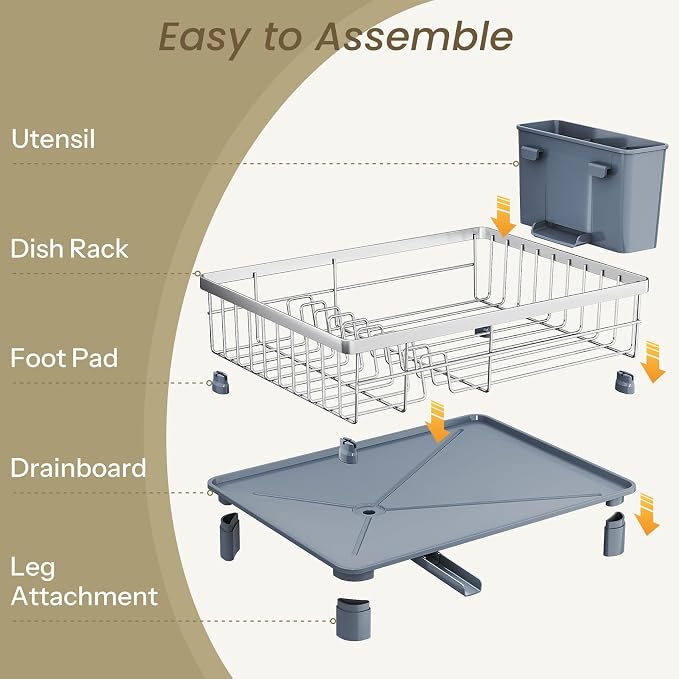 SNTD Dish Drying Rack for Small Kitchen Counter, 11" W x 15" L, Silver | Space Saving, Rotating Spout & Angled Drainboard for Quick Drainage, Stainless Steel, Removable Utensil Holder - Image 6