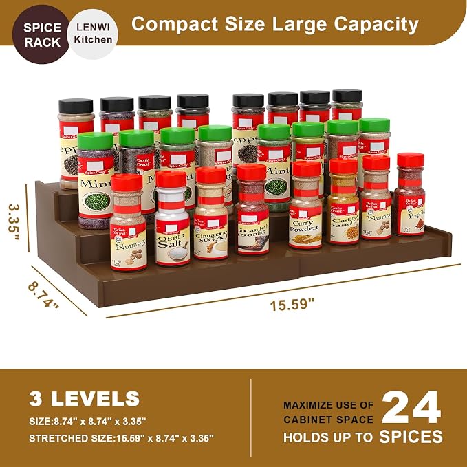 Lenwi Spice Rack Organizer for Cabinet, 3 Tier Expandable Bamboo Spice Storage for Kitchen Cupboard Pantry, Brown - Image 5