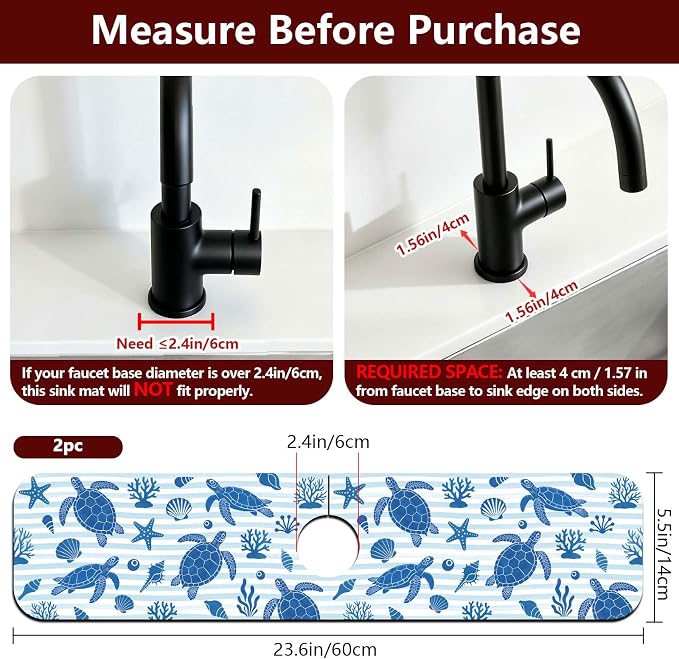 2 Pcs Kitchen Sink Splash Guard Faucet Mat Marine Elements Faucet Mat for Sinks Turtle Pattern Absorbing Drying Mats for Kitchen Bathroom, 23.6x5.5inch - Image 2
