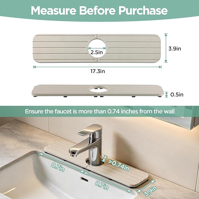 NiuYichee Faucet Mat for Kitchen Sink, Water Absorbing Diatomite Stone Tray | 17.3" x 3.9" Sink Coaster for Bathroom Counter, Stone Drying Mat, Sink Splash Guard, Fast Drying-Prevent Moisture, Pale Gray - Image 2