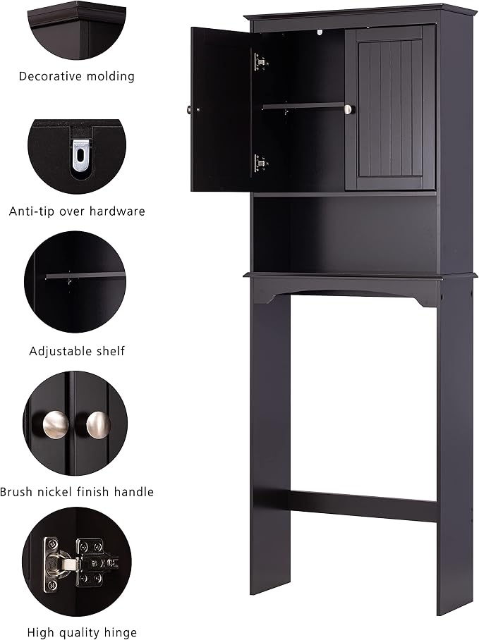 Spirich Over Toilet Storage Cabinet with Doors, Espresso Bathroom Organizer | FSC-Certified MDF, Raised Panel Doors, Adjustable & Open Shelves, Anti-Tip Mount, Fits Behind & Above Standard Toilets - Image 5
