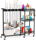 Broom Holder with Cleaning Supplies Organizer, Cleaning Utility Cart on Wheels, 10 Clips & 7 Hooks, 3-Tier Shelves, Broom Closet Storage Cabinet with Cleaning Caddy for Home Commercial Use by Beolisav