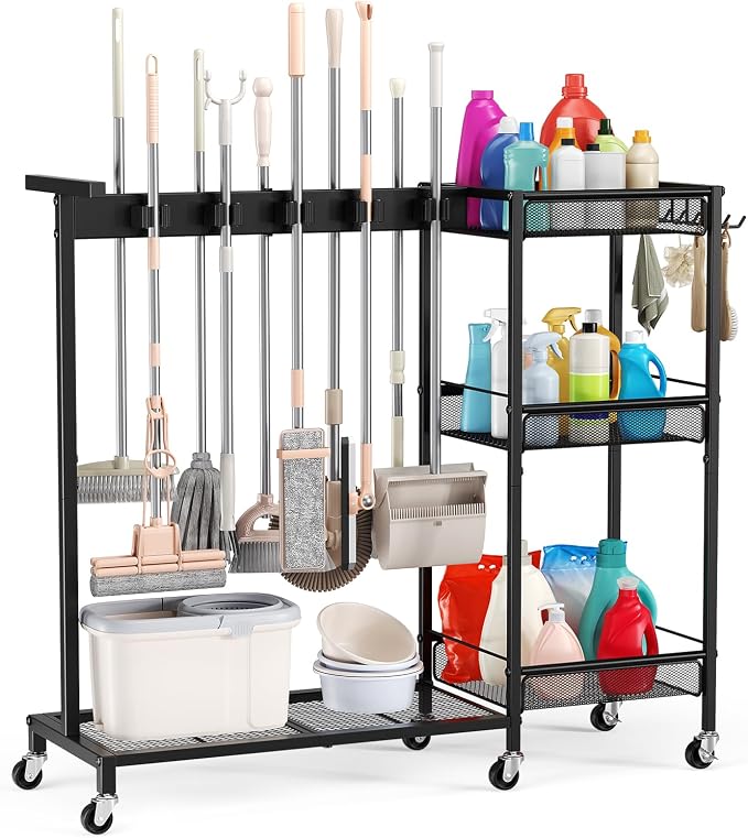 Broom Holder with Cleaning Supplies Organizer, Cleaning Utility Cart on Wheels, 10 Clips & 7 Hooks, 3-Tier Shelves, Broom Closet Storage Cabinet with Cleaning Caddy for Home Commercial Use by Beolisav