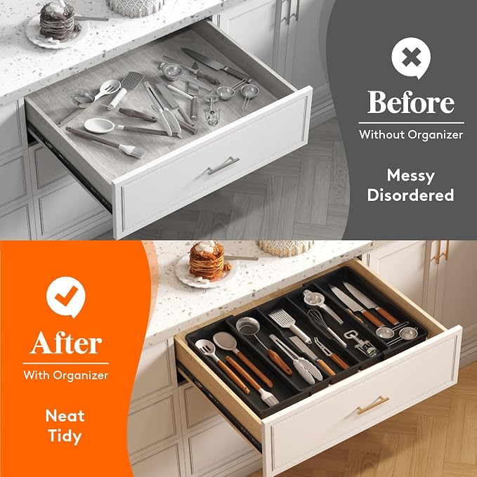 Lifewit Utensil Organizer for Kitchen Drawers, Expandable Utensil Tray | Adjustable Cooking Cutlery Silverware Flatware Holder, Plastic Spatula Tools Storage Divider, 16- 28 x 18.5", Black - Image 8