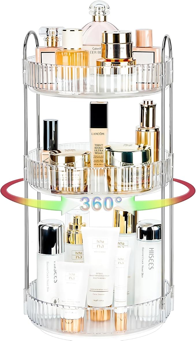 360 Rotating Makeup Organizer, 3 Tier Large Capacity Lazy Susan Bathroom Counter Organizer, Skincare Organizers, Spinning Perfume Organizer & Vanity Organizer Countertop (Silver Clear, 3 Tier) by Niluks