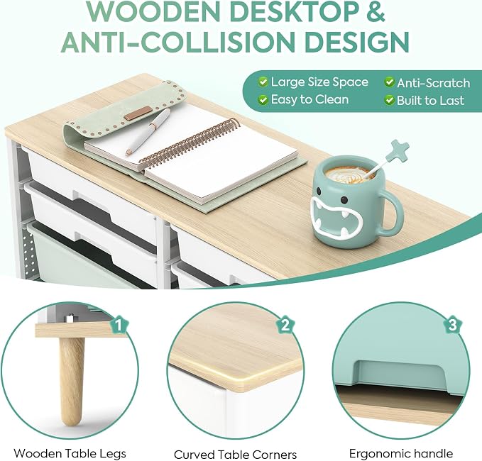 TOOLF 12 Drawers Storage Cabinet with Wooden Top and Plastic Bins,Green | Toy Shelf Storage Chest Cubby Organizer, for Home, Office, Playroom, Classroom & Craft Room - Image 4