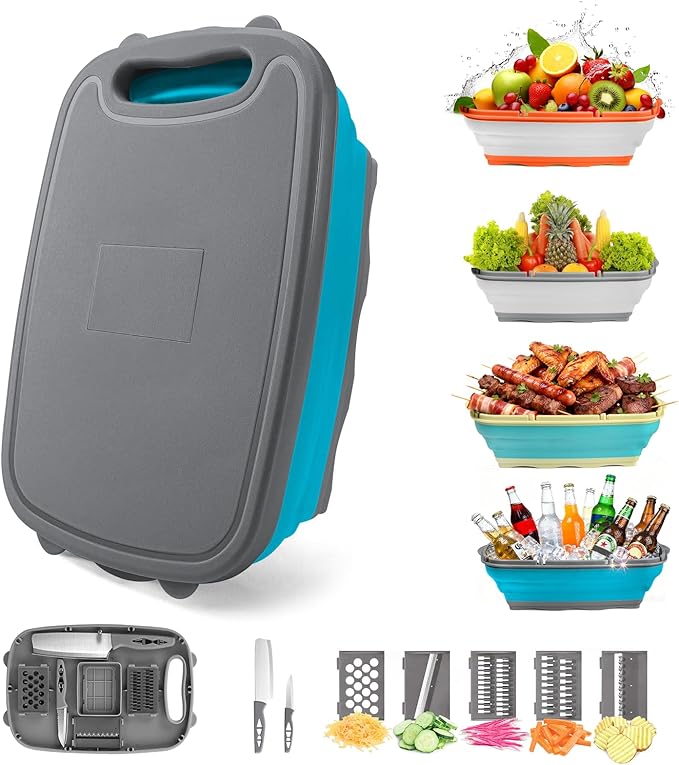 Gintan Collapsible Camping Cutting Board, 9-in-1 Chopping Board with Colander, Kitchen Vegetable Washing Basket for Camping, Camping Gifts Camping Accessories for RV Campers (Blue+Grey) by Gintan