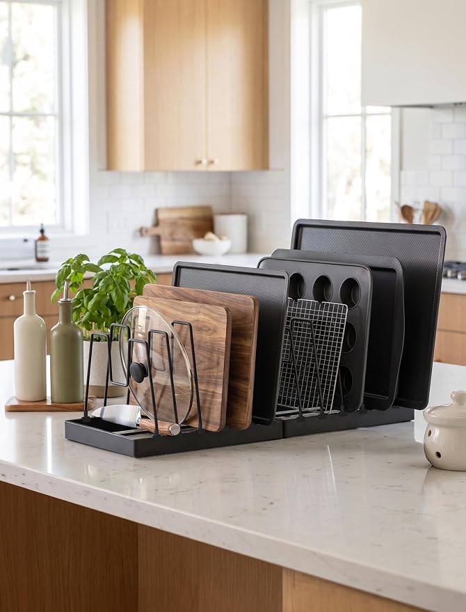 NiHome Cutting Board Holder & Pot Lid Organizer Rack for Pan, Black, 2PCS | Adjustable Iron Dividers For Cutting Boards, Pot Lids & Baking Sheets, Non-Slip Silicone Base For Stable Countertop Storage - Image 3